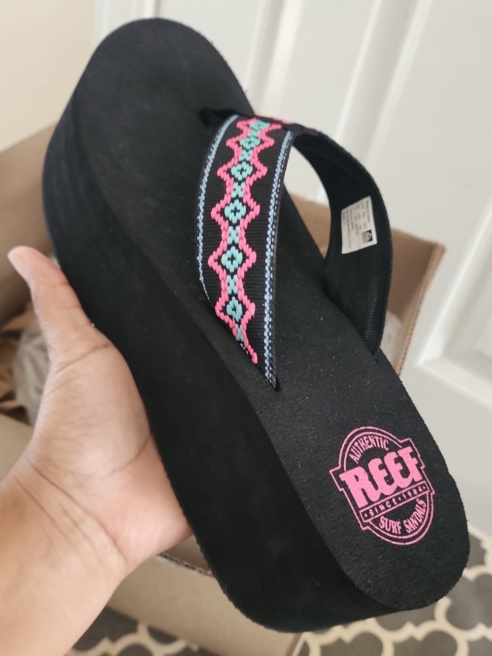 Reef Women’s Black Platform Flip Flop with Pink & Teal Strap